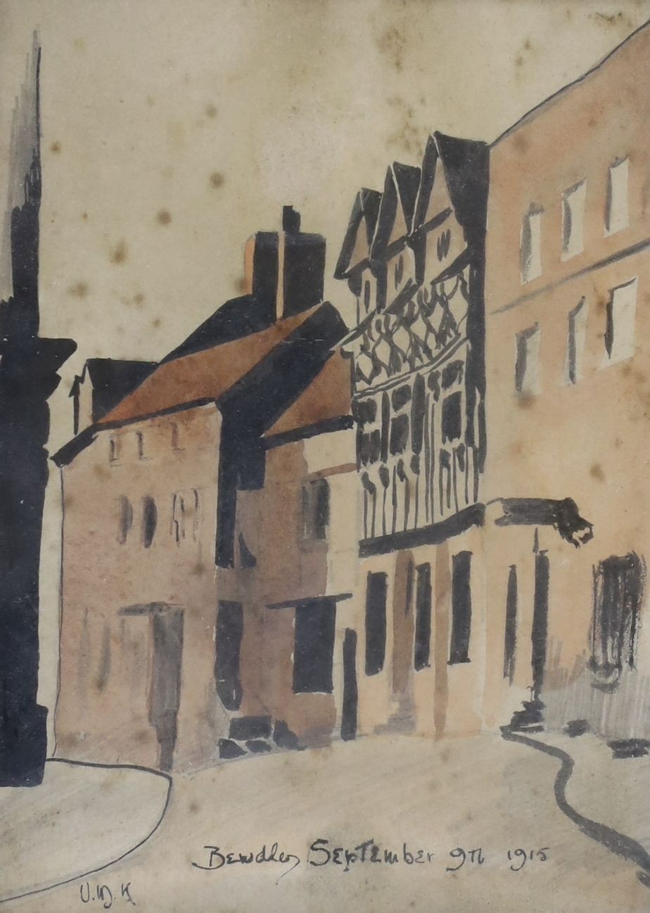 UDK, ink and watercolour, 'Bewdley, September 9th 1915', initialled, 21 x 15cm
